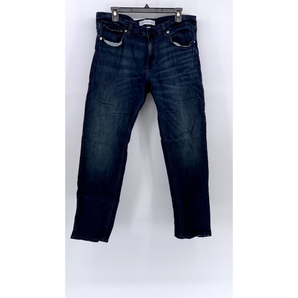 CALVIN KLEIN Men's Dark Indigo Denim Slim-Leg Five-Pocket jeans SZ 36X30